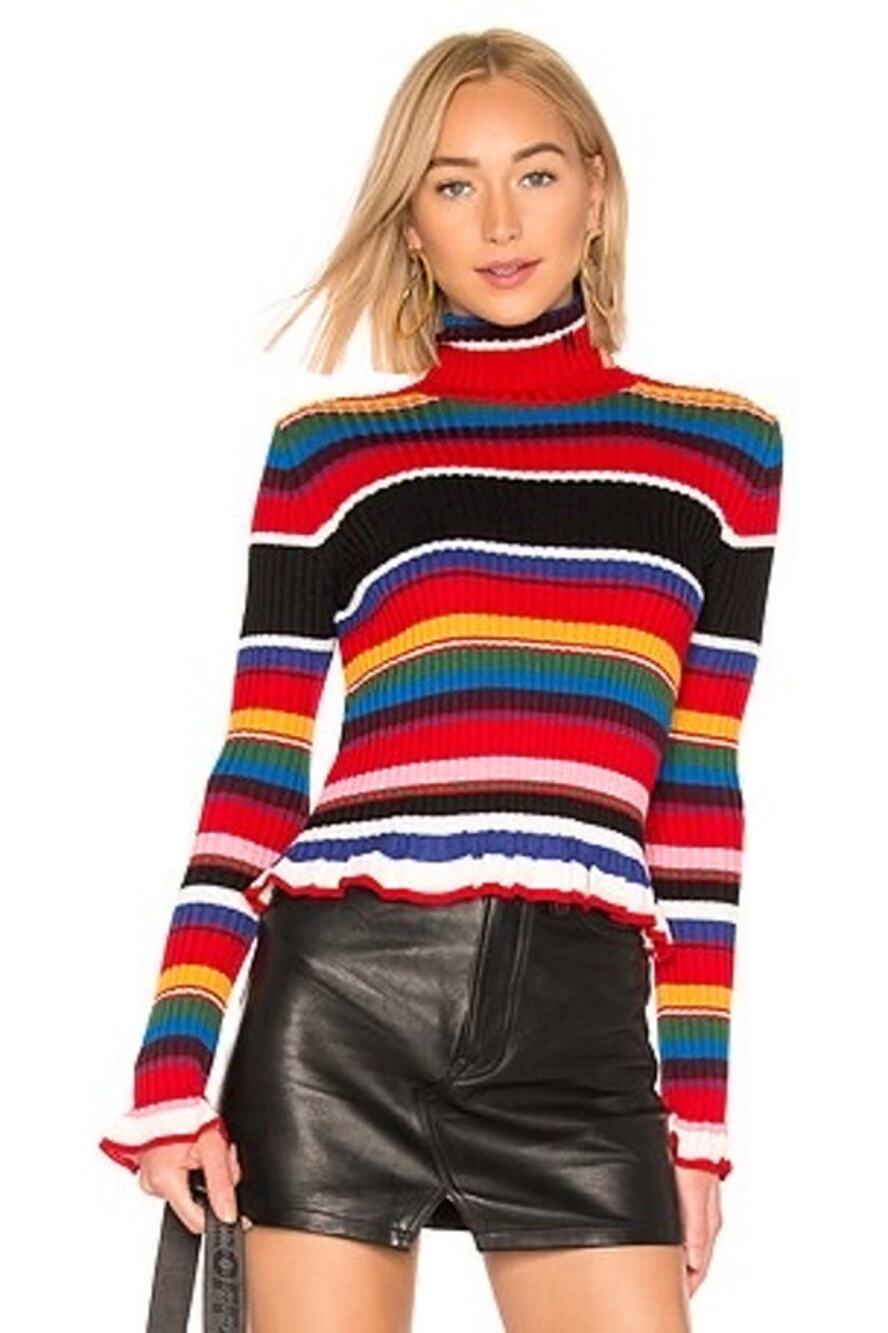 MSGM Rainbow Multicolored Striped Knit Ruffle Bell Sleeve Turtleneck Sweater XS